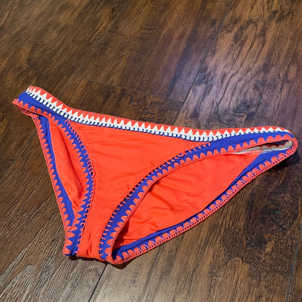 Seafolly Bikini Bottoms Swim Embroidered Bright Coral Royal Blue White SZ 14